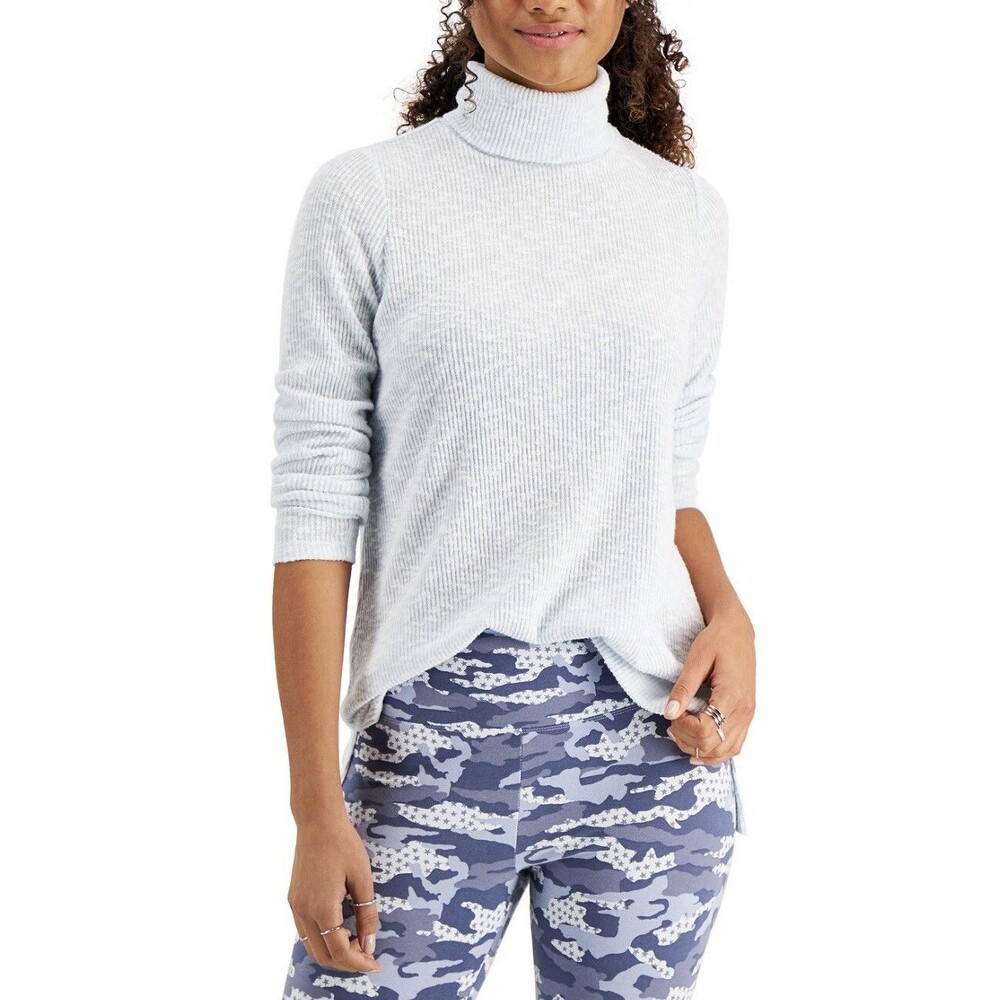 Style & Co Women's Ribbed Turtleneck Sweater Top Size S Light Blue Tunic Knit